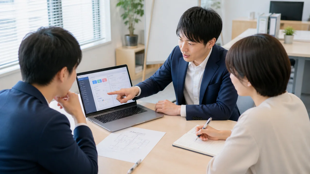 社員がノートPC上の業務ツールの試作品を共同で確認するイメージ