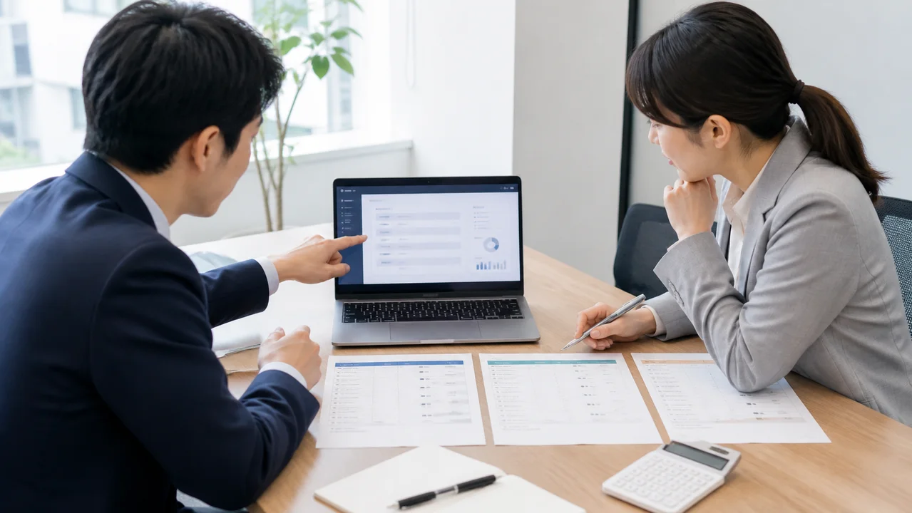 社員が業務ツールの試作品と複数の開発見積書を比較するイメージ