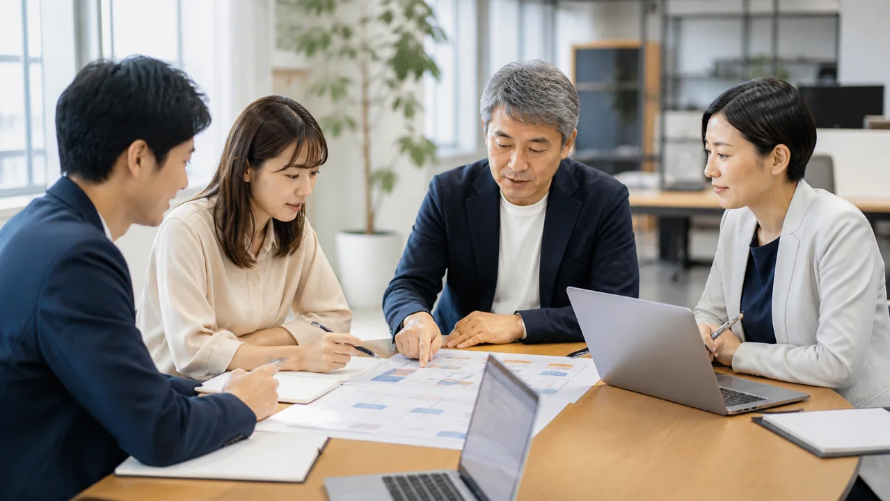 複数の社員が共通資料とPCを囲んで業務改善を進めるイメージ