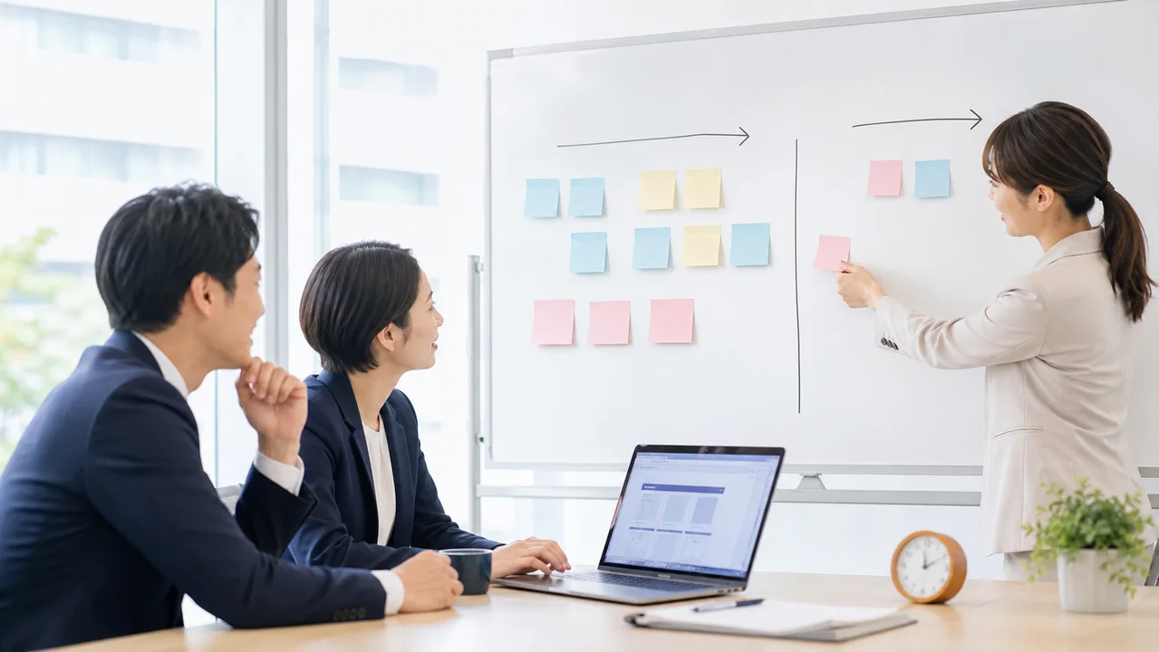 社員が試作結果をもとに業務改善案を素早く整理するイメージ